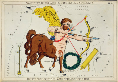 Astronomical chart illustration of the Sagittarius and Corona Australis Zodiac (1831) by Sidney Hall