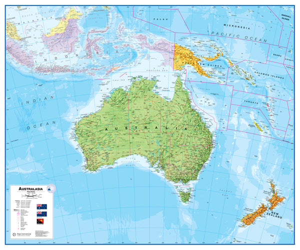Map of Australasia with Australia highlighted, showing neighboring countries and oceans.