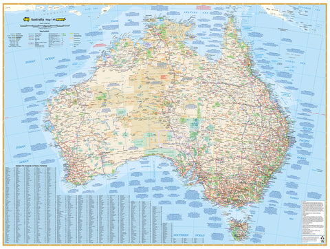 A detailed wall map of Australia, showing cities, roads, and natural features, with a blue and white color scheme.