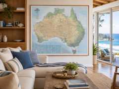 Living room with a large map of Australia on the wall, bookshelf, and ocean view.