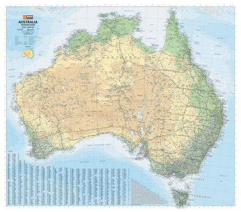 Canvas wall map of Australia showing roads and terrain, with hang rails.