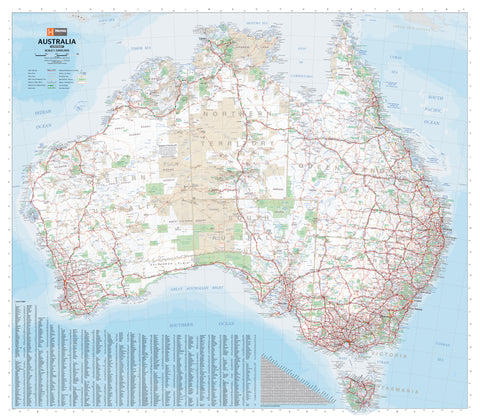 A paper wall map of Australia with major roads and boundaries highlighted, printed on quality FSC coated paper.
