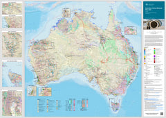 Map of Australia with various markers and labels on a blue background