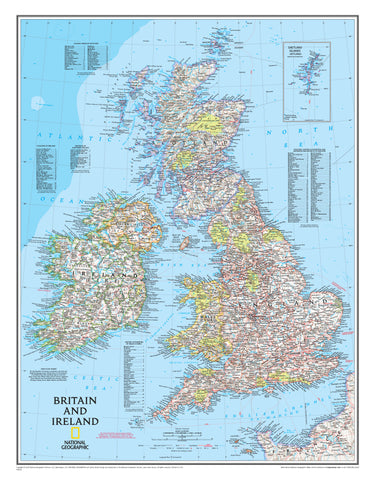 A wall map of Britain and Ireland by National Geographic, showing political boundaries, major roads, airports, and bodies of water, with place names in both English and Gaelic.
