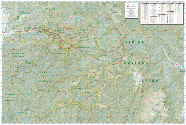 Map of Alpine National Park with detailed topography and labels.