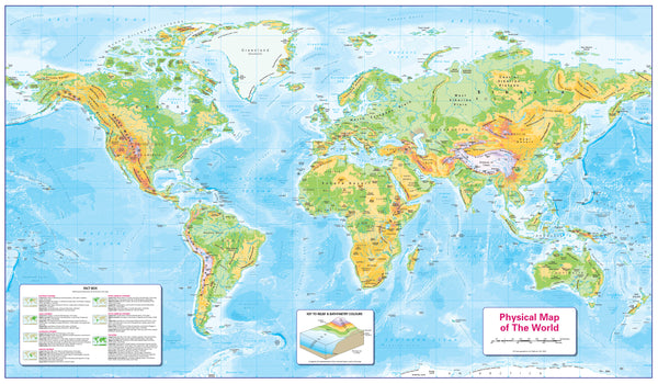 Physical map of the world with color-coded land and water features.