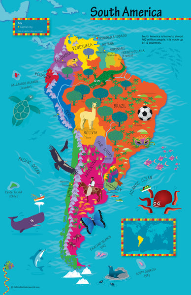 Children's South America Wall Map by Collins 492 x 760mm