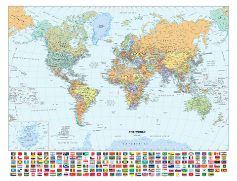 World map with country boundaries and flags at the bottom