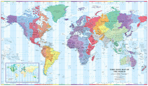 Colour Blind Friendly World Time Zone Large Wall Map 1365 x 797mm