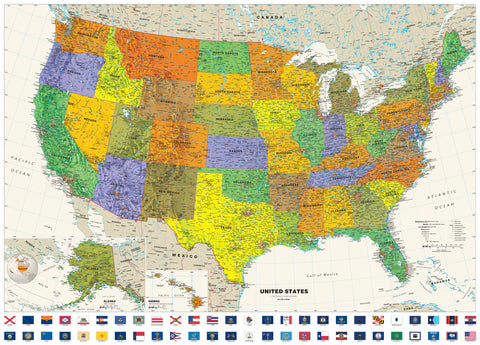 Colorful map of the United States with state boundaries and country flags at the bottom.