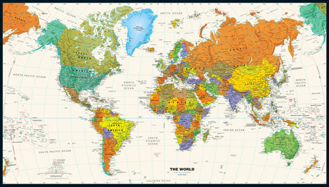 A colorful wall map of the world, showing countries with various colors, with a white decorative border.