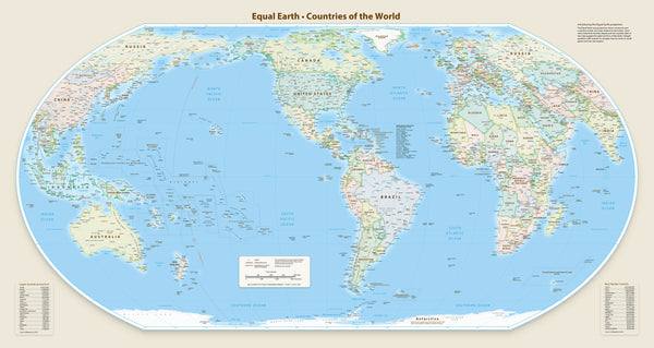 World Equal Earth Wall Map — Americas-Centred