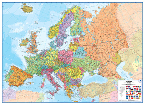 A colorful wall map of Europe with countries marked in different colors and boundaries shown. The map includes hill and sea shading and a section showing the flags of various European countries.