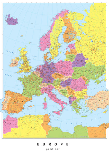 Colorful map of Europe with country boundaries