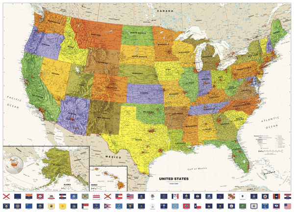 Contemporary USA Wall Map with Flags 1270 x 914mm