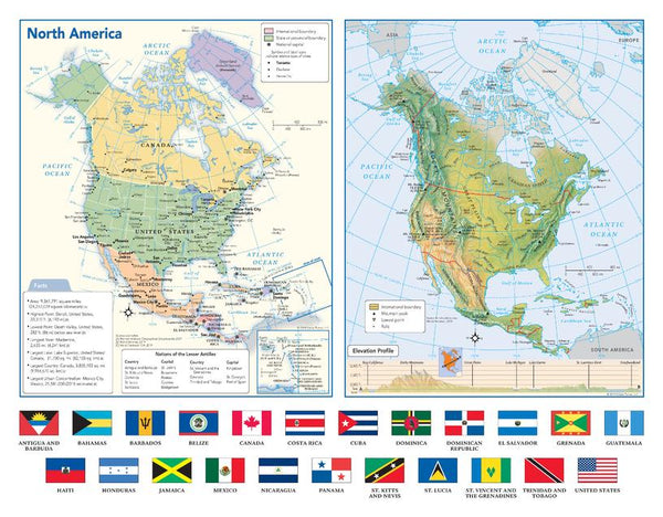 North America Political & Physical Continent Map with Country Flags — map