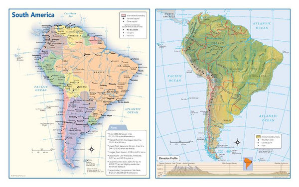 South America Political & Physical Continent Map — map