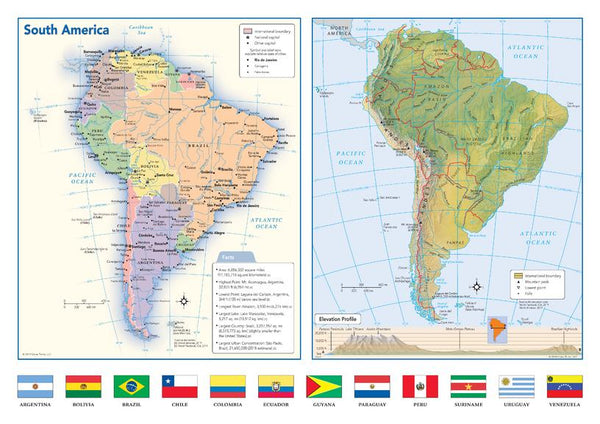 South America Political & Physical Continent Map with Country Flags — map