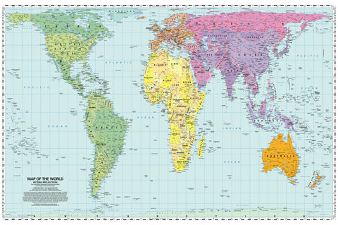World map with political boundaries in pastel colors on a light blue background