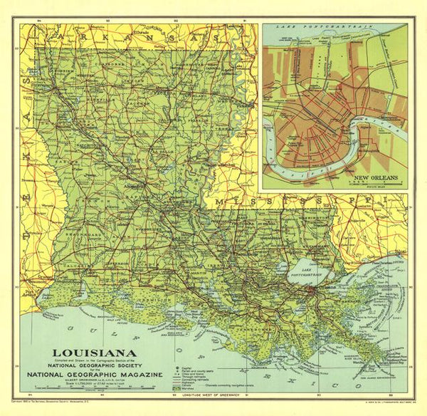 Louisiana - Published 1930 wall map – National Geographic | Mapworld