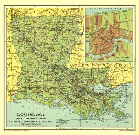 Louisiana - Published 1930 wall map – National Geographic | Mapworld