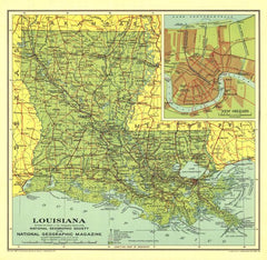 Louisiana - Published 1930 wall map – National Geographic | Mapworld