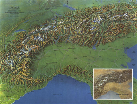 Alps, Europes Backbone - Published 1965 by National Geographic — historic National Geographic map print