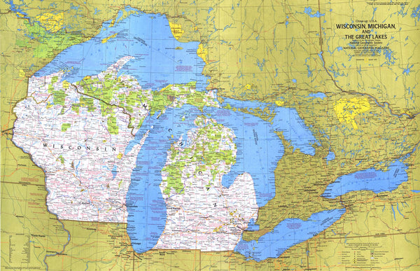 Close-up USA, Wisconsin, Michigan, and the Great Lakes - Published 1973 wall map – National Geographic | Mapworld