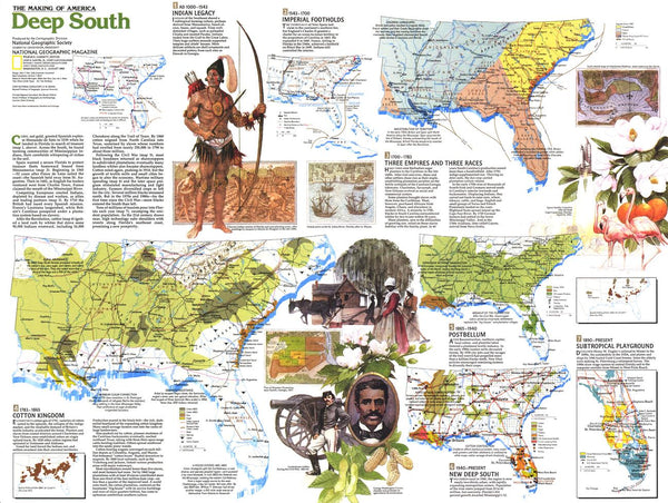 Map of the United States with historical illustrations and text on a white background