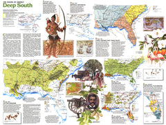Map of the United States with historical illustrations and text on a white background