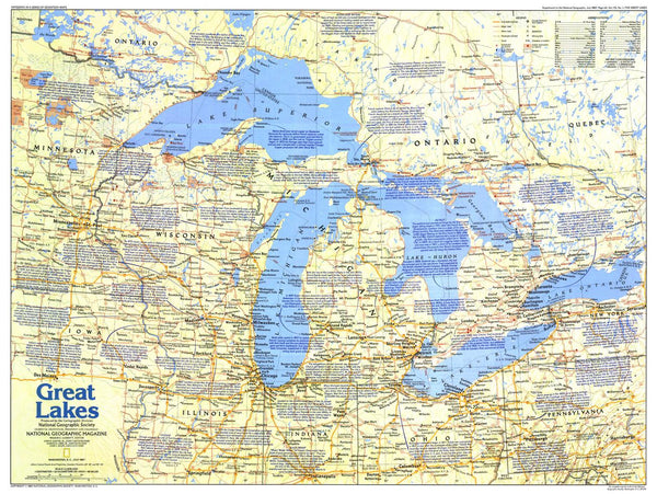 Great Lakes Map Side 1 - Published 1987 by National Geographic — historic National Geographic map print