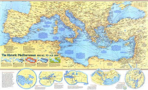 Historic Mediterranean Wall Map 800 BC to AD 1500 - Published 1982 by National Geographic