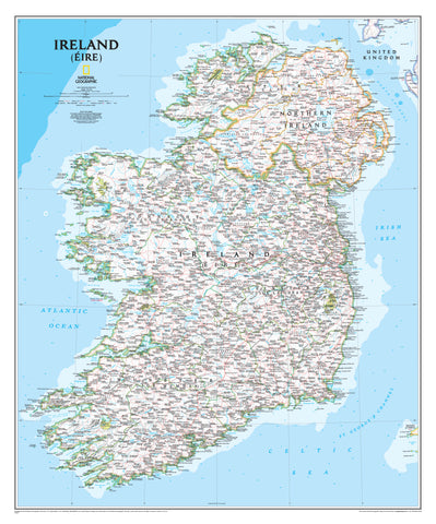 A detailed map of Ireland showing physical features, administrative boundaries, and place names.