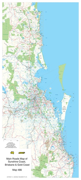 Main Roads Map of Sunshine Coast, Brisbane & Gold Coast 2052 x 927mm Laminated Wall Map With Hang Rails