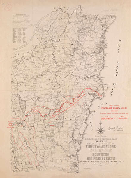 Map Shewing a Practicable Railway Route between the Proposed Federal Territory and Jervis Bay (1909) wall map | Mapworld