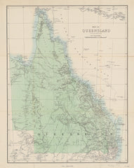 Vintage map of Queensland, Australia with color coding and labels.