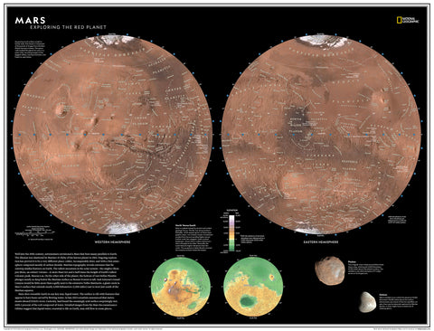 Map of Mars with detailed features and labels on a black background