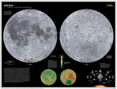 Map of the Moon with detailed craters and surface features, featuring National Geographic branding.