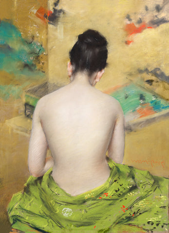 Naked Japanese woman posing sensually with a kimono, vintage erotic art. Study of Flesh Color and Gold (1888) by William Merritt Chase