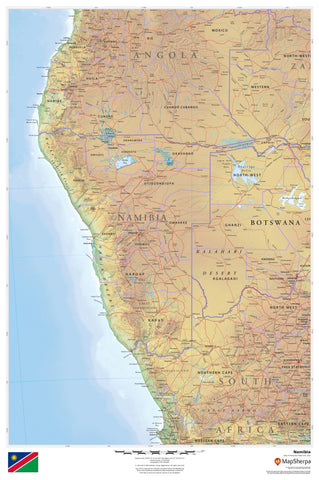 Map of Namibia with neighboring countries and a clear sky background.