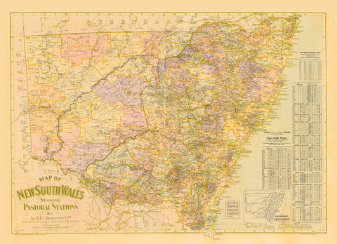 Vintage map of New South Wales showing pastoral stations on a yellowed paper background.