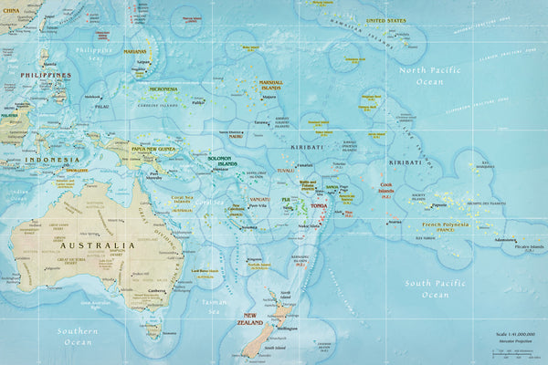 Oceania Wall Map showing Economic Exclusion Zones (EEZ) 1000 x 700mm