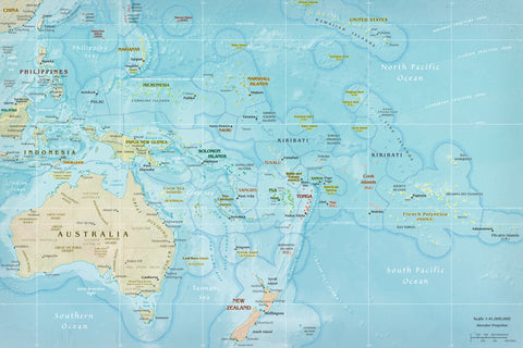Oceania Wall Map showing Economic Exclusion Zones (EEZ) 1000 x 700mm