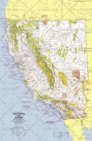 Close-up USA, California and Nevada - Published 1974 wall map – National Geographic | Mapworld