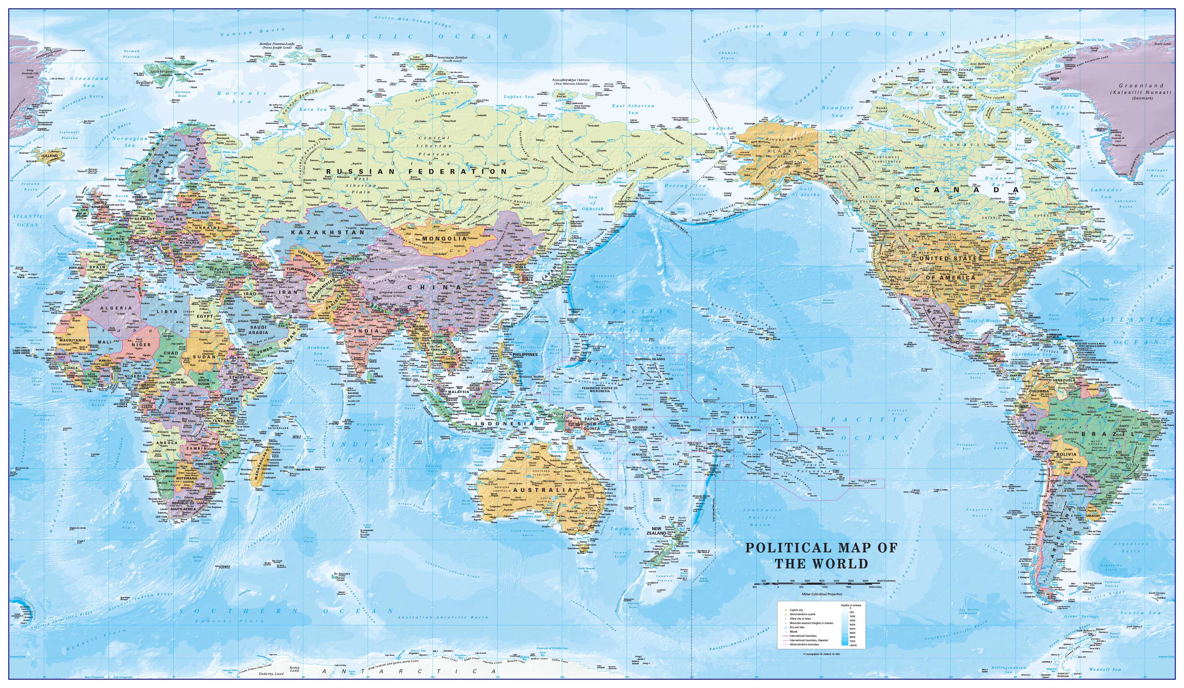 World Pacific Centred 2024 edition map 2200 x 1270mm