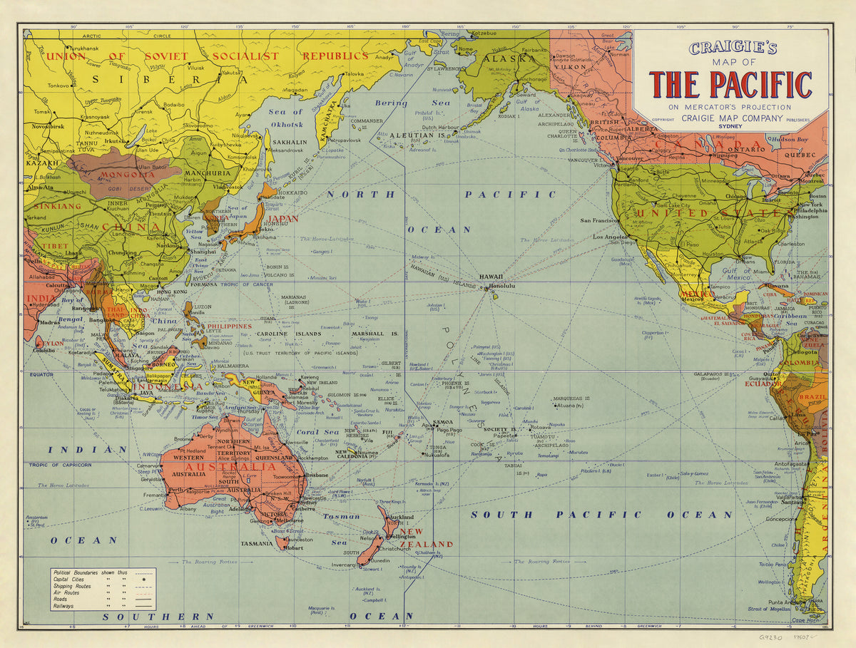 Pacific Map on Mercator's projection by Craigie's | Mapworld