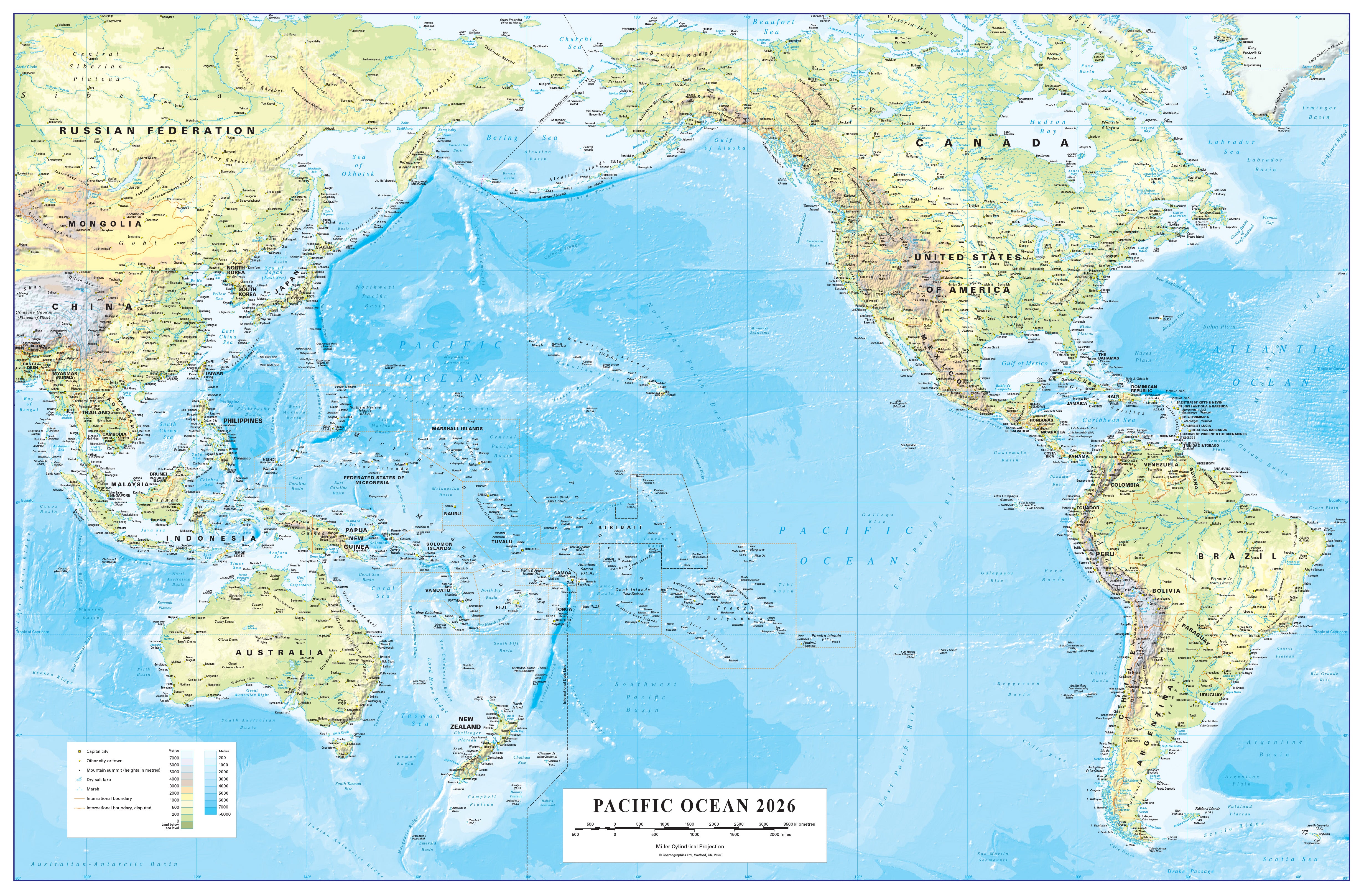 Pacific Ocean Physical Wall Map 2026 | Cosmographics | Mapworld