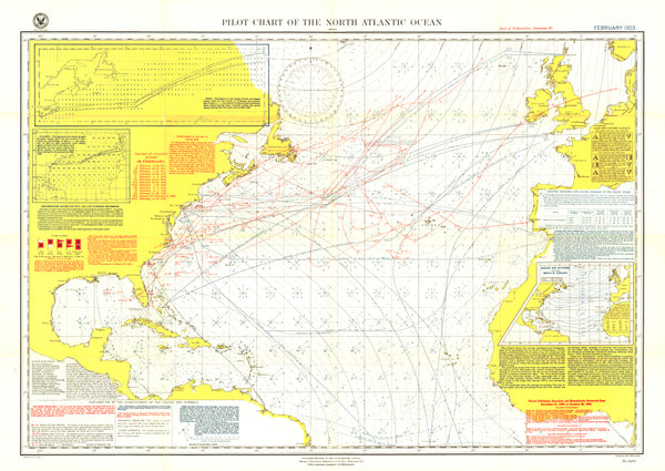 Nautical chart of the North Atlantic Ocean with various legends and text.