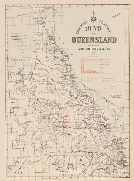 Queensland Map 1891 - Showing Sites of Artesian Bores & Tanks | Mapworld