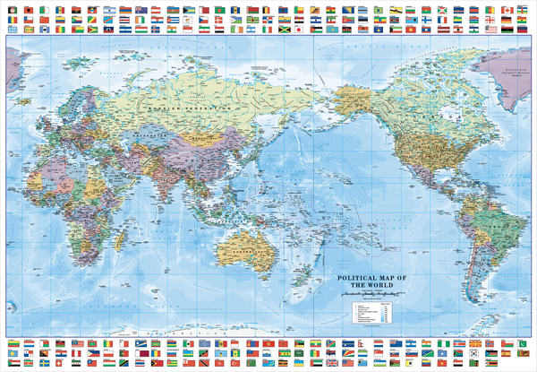World Political Large with Flags 1002 x 595mm (Pacific Centred) Cosmographics 2026 — map